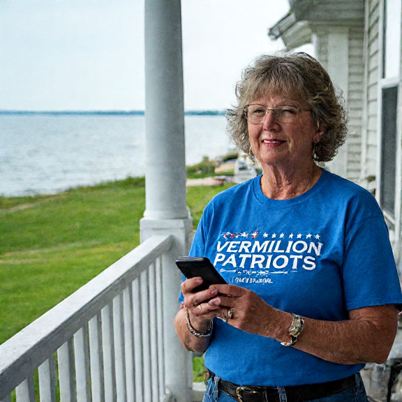 woman in a blue "Vermilion Patriots" t-shirt holding a smartphone showing a streaming app on a porch overlooking Lake Erie