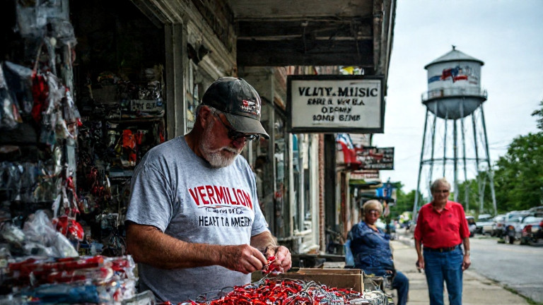 bait shop owner in a vintage "Vermilion: Heart of America" t-shirt carefully packaging red-and-white lures in a cluttered storefront