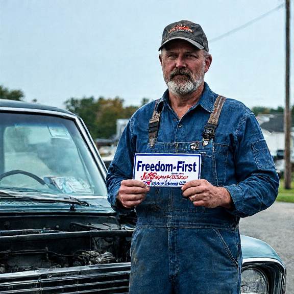 mechanic in stained coveralls holding a "Freedom-First" bumper sticker while adjusting a vintage American car engine