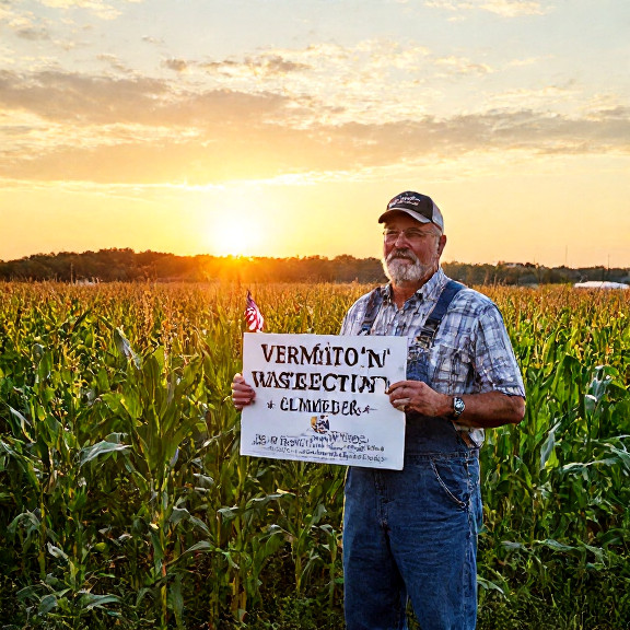 farmer in overalls holding a "Patriot Pledge" sign beside a cornfield at sunset