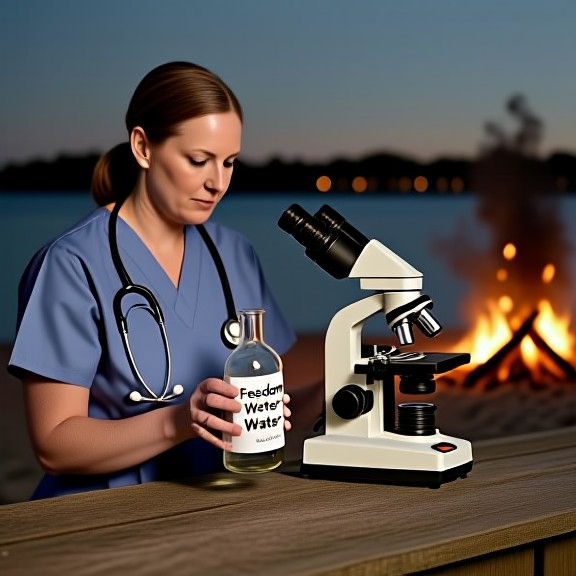 nurse in scrubs holding a glass bottle labeled "Freedom Water" and examining a microscope with Lake Erie water sample