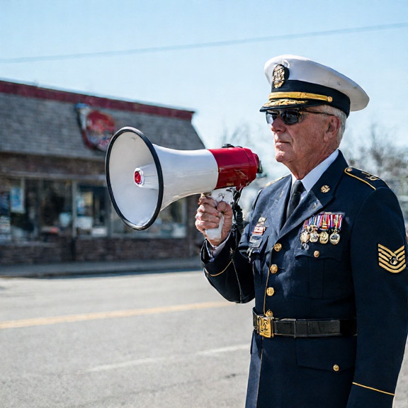 retired Marine with American flag pin on uniform holding a megaphone outside a diner