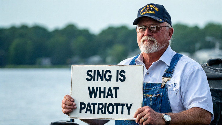 woman farmer in overalls holding a sign reading "SING FREELY" on a tractor seat