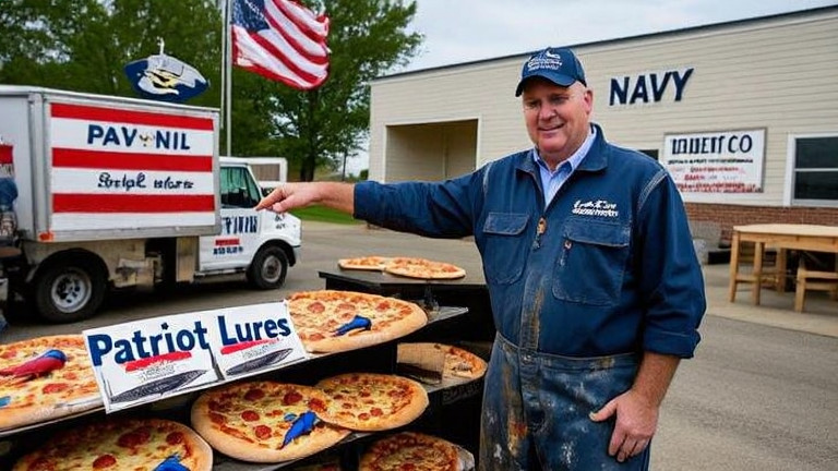 bait shop owner in stained coveralls pointing to a display of "Patriot Lures" with American flag motifs