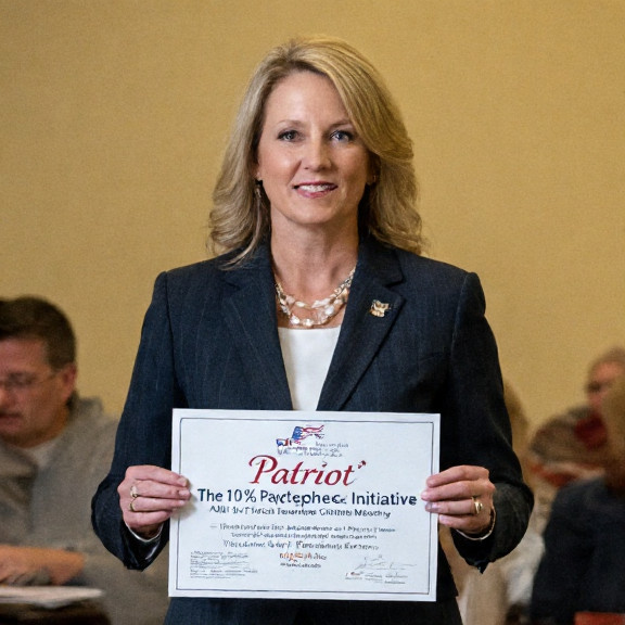 councilwoman in a tailored suit holding a "Patriot Paycheck Initiative" sign at a town hall meeting