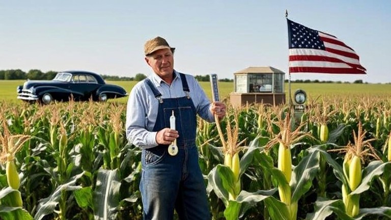 farmer in worn overalls checking corn stalks with a vintage thermometer in a sun-drenched field
