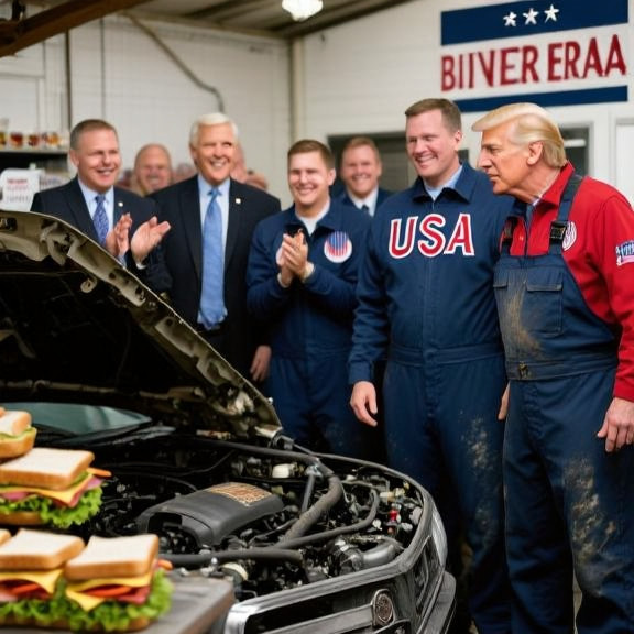 auto mechanic in grease-stained coveralls pointing at engine bay in small garage