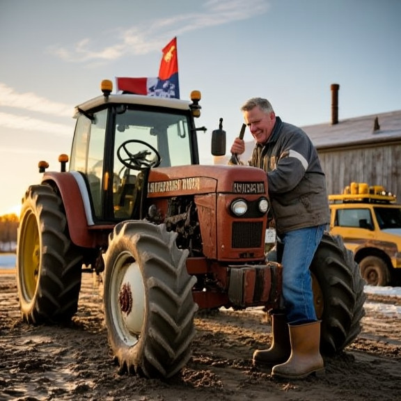 woman farmer in muddy boots leaning on tractor at sunrise