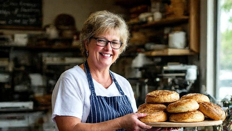 woman bakery owner in apron smiling while holding a stack of freshly baked "Patriot Power" bread loaves in a cozy Vermilion storefront