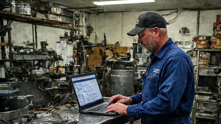 mechanic in coveralls with a laptop showing "Vermilion Lake Water Cure" code, welding a "Patriot Water" tank