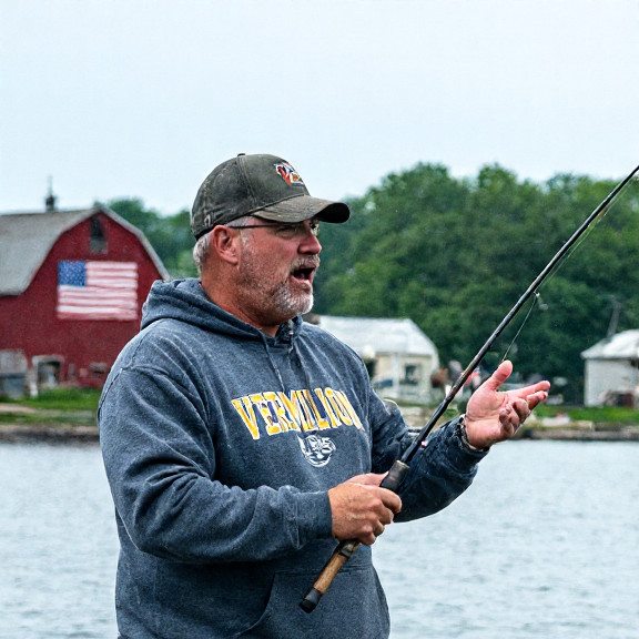 high school coach in a faded Vermilion High Athletics hoodie holding a fishing rod while gesturing emphatically toward Lake Erie