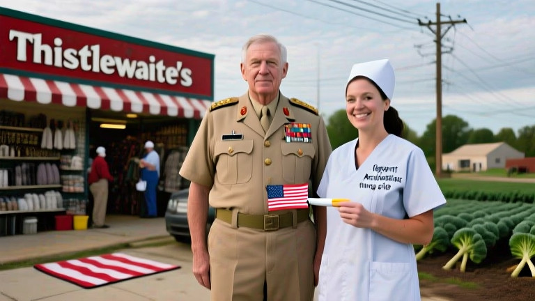 nurse in scrubs holding a thermometer with a tiny American flag taped to it