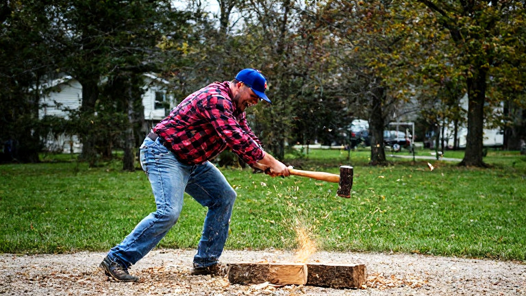 mechanic in worn flannel shirt grinning while demonstrating a wood-splitting motion with a sledgehammer on a concrete block