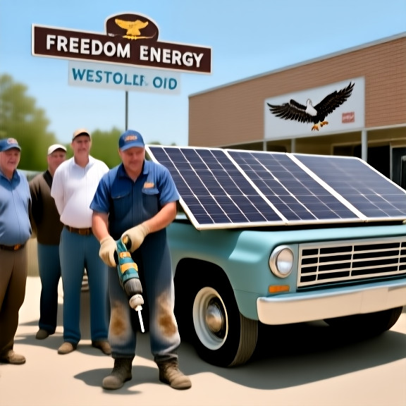 auto mechanic in grease-stained coveralls using solar-powered drill to install panels on a vintage pickup truck