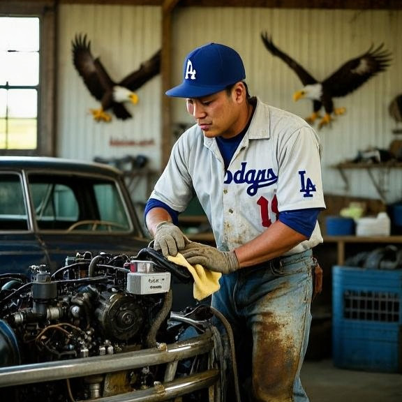 mechanic in worn oil-stained shirt wiping hands on rag while examining a vintage American truck engine in a cluttered garage