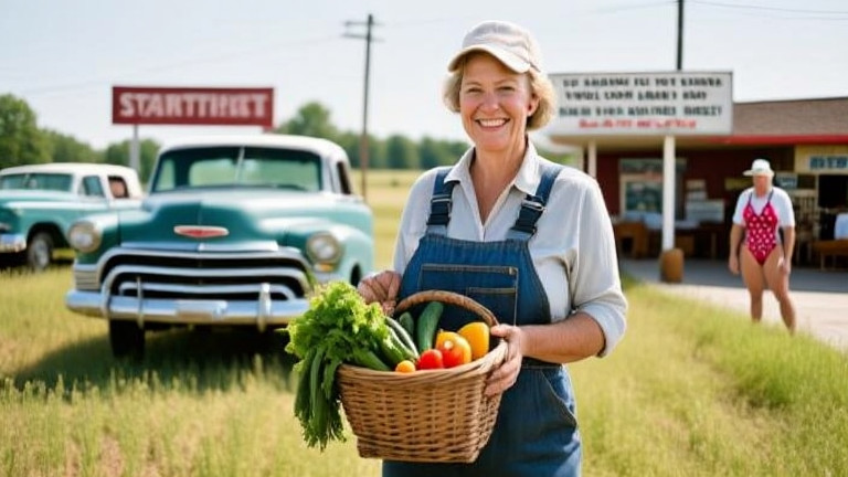 woman farmer in overalls holding a basket of fresh vegetables while smiling at camera in a sun-dappled field