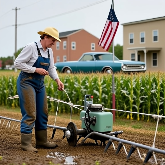 woman farmer in mud-streaked overalls checking a gas-powered irrigation system on a Vermilion cornfield