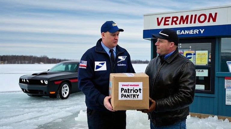 postal worker in uniform handing a package labeled "Patriot Pantry" to a customer at a Vermilion post office