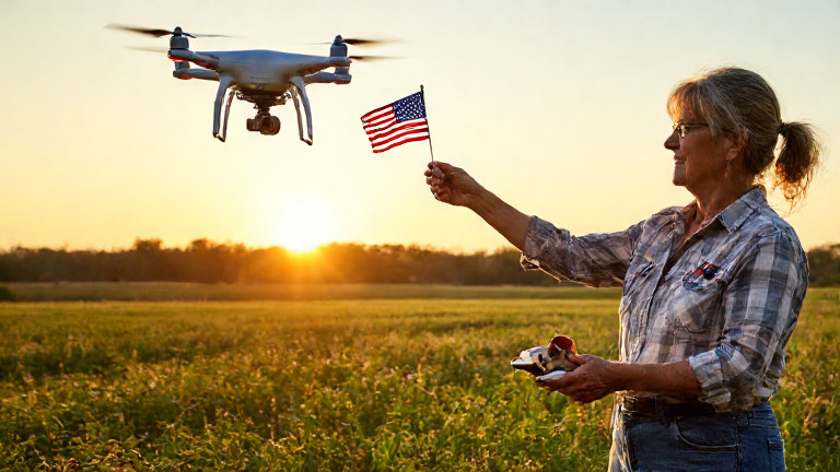 woman farmer in muddy boots holding a drone that’s releasing a small American flag over a field at sunset