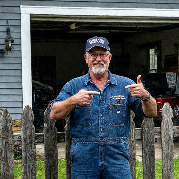 auto mechanic in grease-stained coveralls wearing a "VERMILION PIONEERS" cap, pointing proudly at a custom-planked fence behind his garage