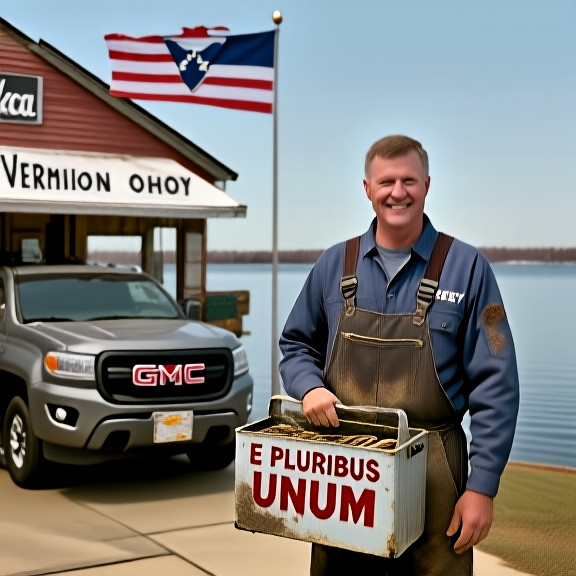 man in grease-stained coveralls holding a tackle box with "E PLURIBUS UNUM" stamped on it, standing outside a small bait shop