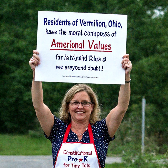 woman in polka-dot dress and "Patriot Pre-K" apron holding up a sign reading "Constitutional Values for Tiny Tots" while pointing to a poster of the Founding Fathers with children holding miniature flags