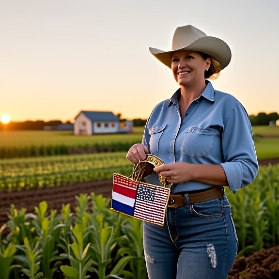 woman farmer in worn denim jeans holding a Freedom Threads lure against a dawn sky at a Vermilion farmstead