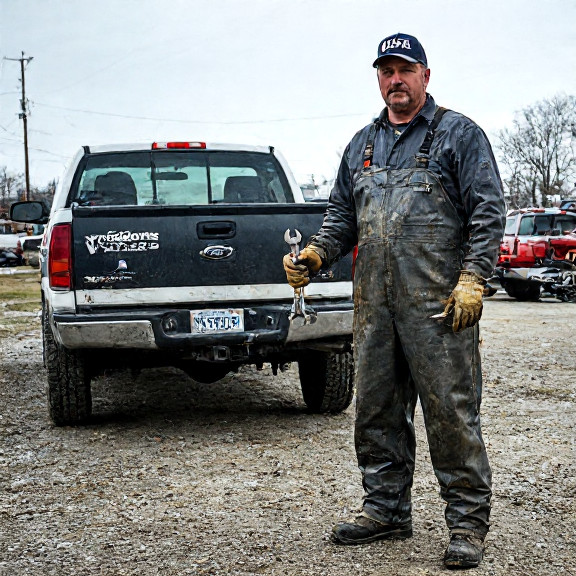 auto mechanic in grease-stained coveralls holding a wrench with "USA" stamped on his cap, standing beside a pickup truck with a "Freedom's Waters" bumper sticker