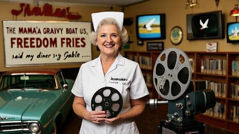 young nurse in scrubs holding a vintage film reel while smiling at a vintage projector in a cozy community library corner