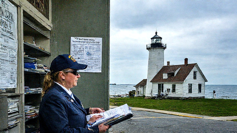 postal worker in uniform carefully sorting mail at Vermilion Post Office counter, squinting at weather chart taped to wall