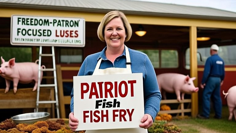 local business owner in apron holding "Patriot Fish Fry" sign at family diner