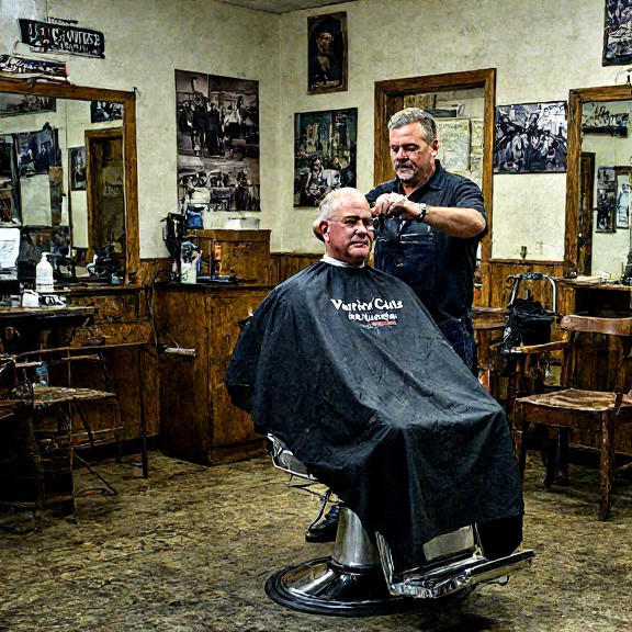 middle-aged barber wearing a "Patriot Cuts" apron trimming a customer's hair in a vintage barbershop with wooden chairs and old photos of Vermilion on the wall