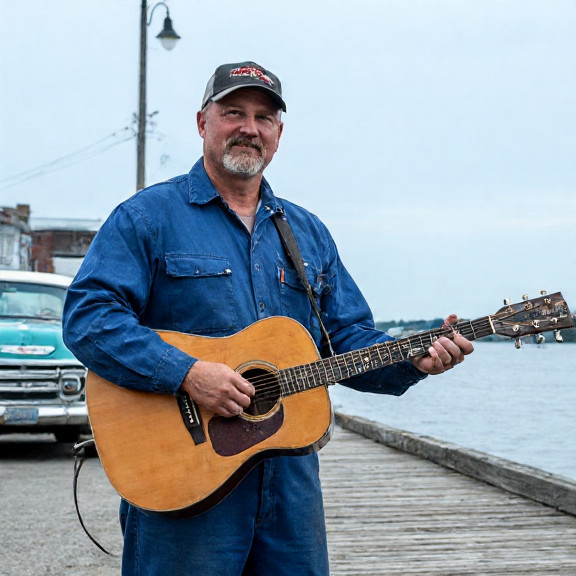mechanic in oil-stained coveralls holding a guitar near a vintage car at a repair shop