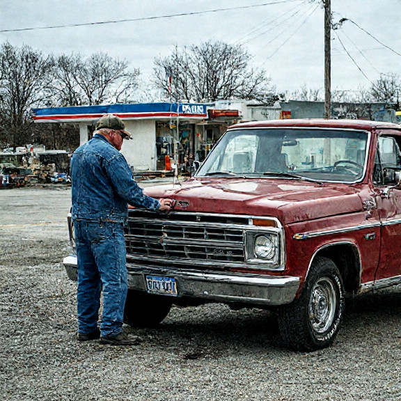 gas station attendant in worn denim jacket checking oil on a vintage pickup truck at a Vermilion gas station