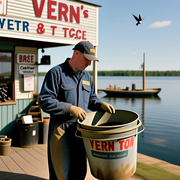 auto mechanic in grease-stained coveralls examining a bait bucket outside Vern's Bait & Tackle shop