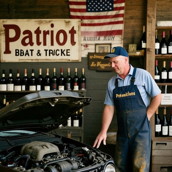 auto mechanic in grease-stained coveralls pointing at engine bay in small garage