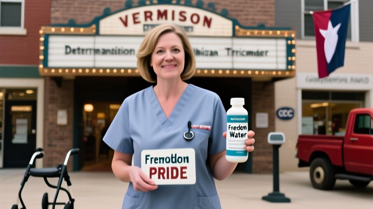 Vermilion nurse Mildred Throckmorton in scrubs holding a bottle labeled "Freedom Water" with a skeptical smile, standing beside a vintage "Vermilion Pride" sign