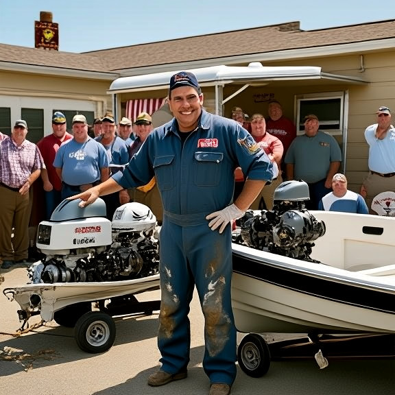 auto mechanic in grease-stained coveralls pointing at a boat motor in a small garage