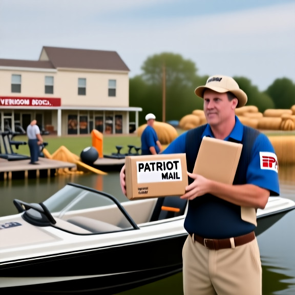 postal worker in a vintage uniform handing a package marked "Patriot Mail" to a customer