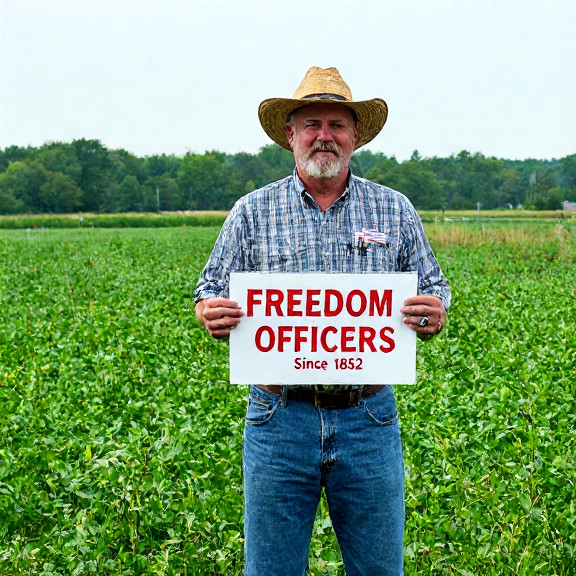 farmer in a straw hat holding a "Freedom Lures" sign at a field border