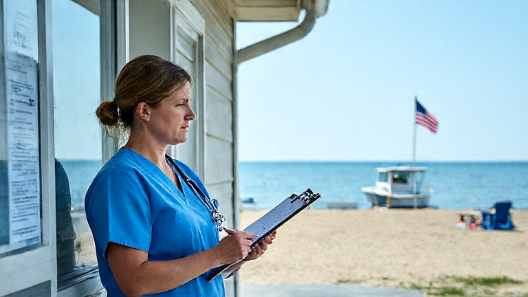 woman nurse in scrubs holding a clipboard, looking sternly at a small-town clinic window