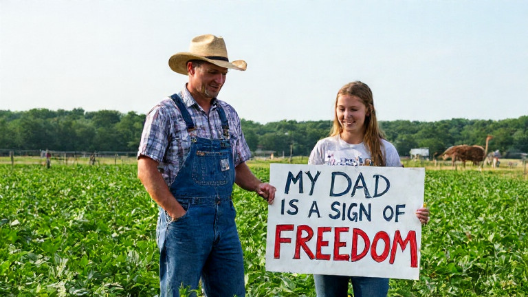 farmer in overalls checking a field with a hand-drawn "Patriot Harvest" sign in background