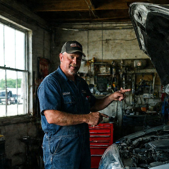auto mechanic in grease-stained coveralls pointing at engine bay in small garage