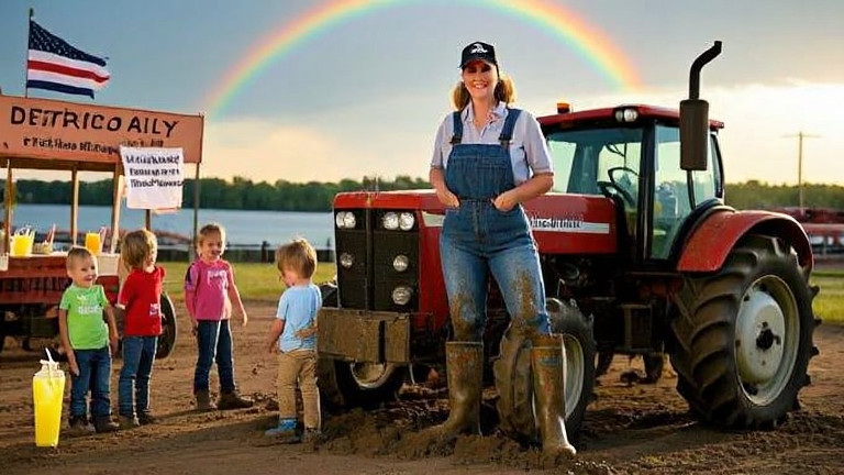 woman farmer in muddy boots leaning on tractor at sunrise