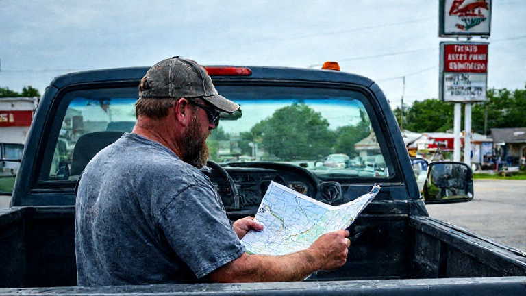 truck driver in stained trucker hat reviewing a printed map on a pickup truck dashboard at a Vermilion gas station