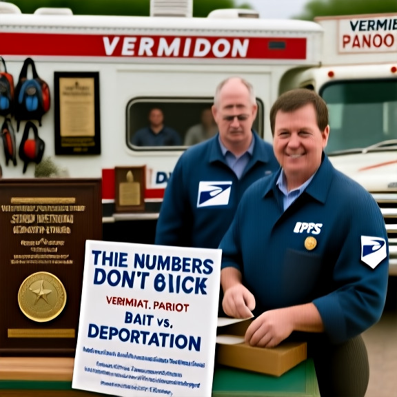 postal worker in faded USPS uniform sorting mail at a Vermilion post office with a "Bait vs. Deportation" pamphlet visible on the counter