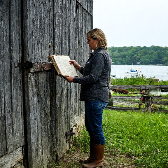 woman farmer in sturdy boots examining a weathered ledger at a sun-dappled barn door