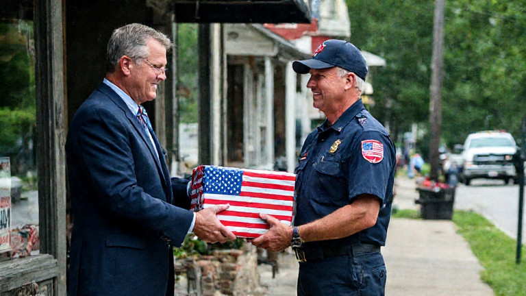 postal worker in uniform handing a red, white, and blue parcel to a waiting man outside a historic Vermilion storefront