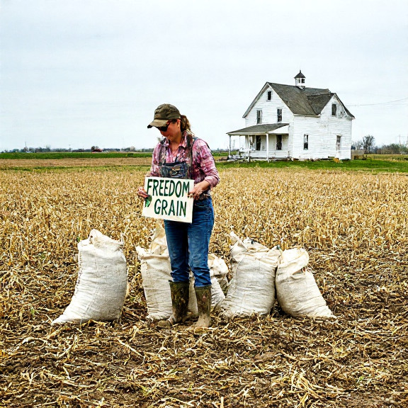 woman farmer in muddy boots examining grain sacks at a Vermilion field, holding a "Freedom Grain" sign