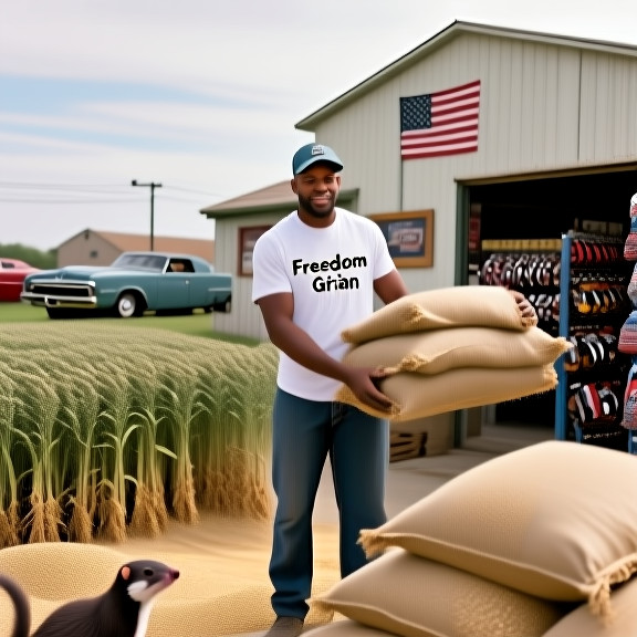 factory worker in "Freedom Grain" t-shirt loading grain sacks at a Vermilion warehouse